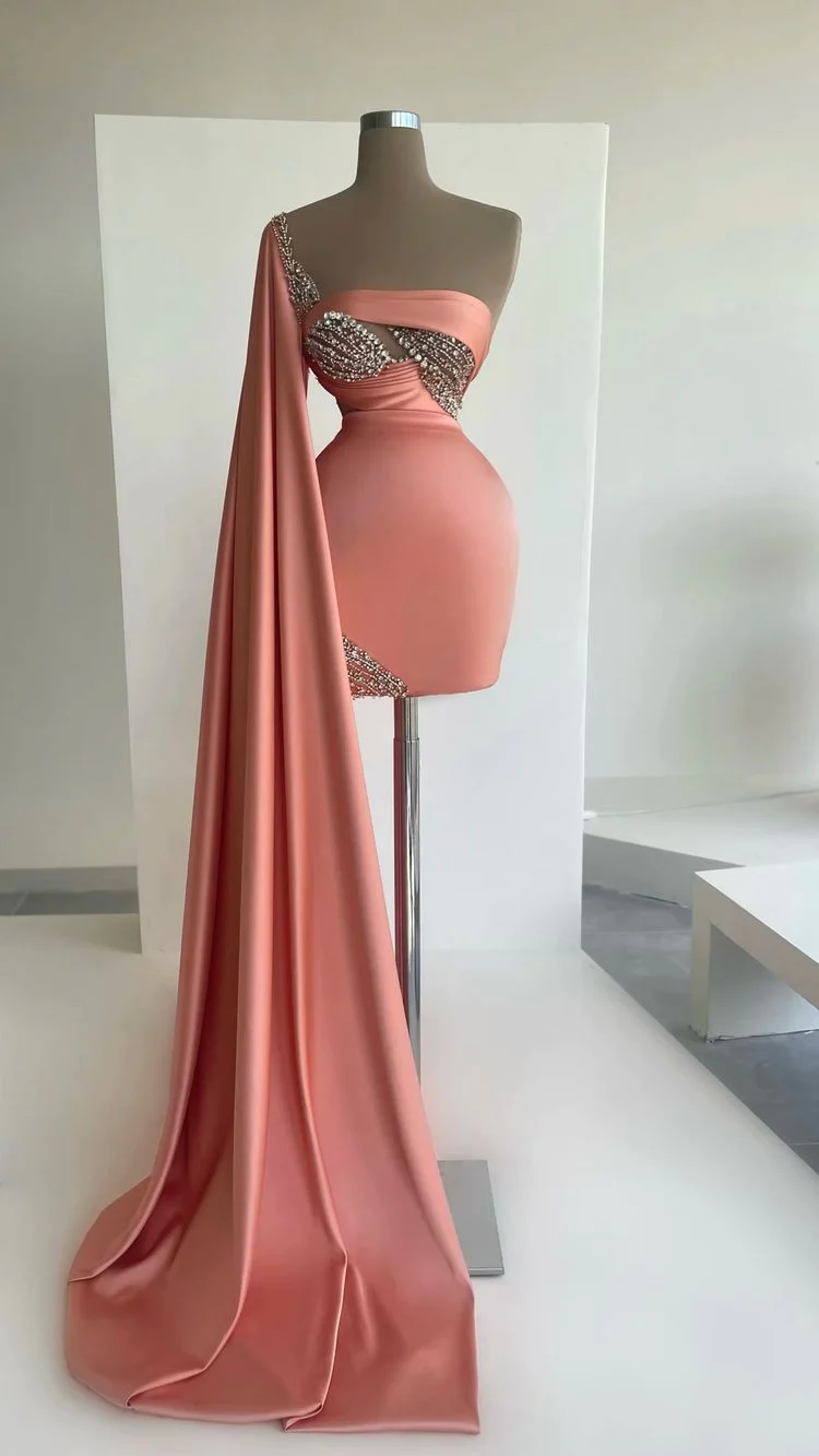 One Shoulder Pink Long Prom Dress,BD1490