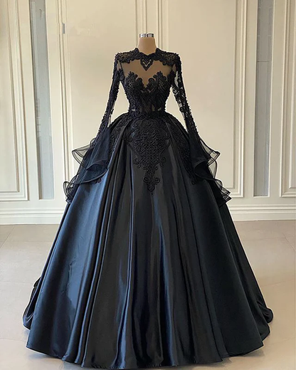 Ball Gown Black Long Sleeves Lace Prom Dresses,Beading Formal Evening Dresses,BD1484