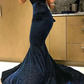 Sexy Mermaid Deep V Neck Velvet Dark Navy Long Prom Dresses, Sparkly Evening Dresses,DS14021