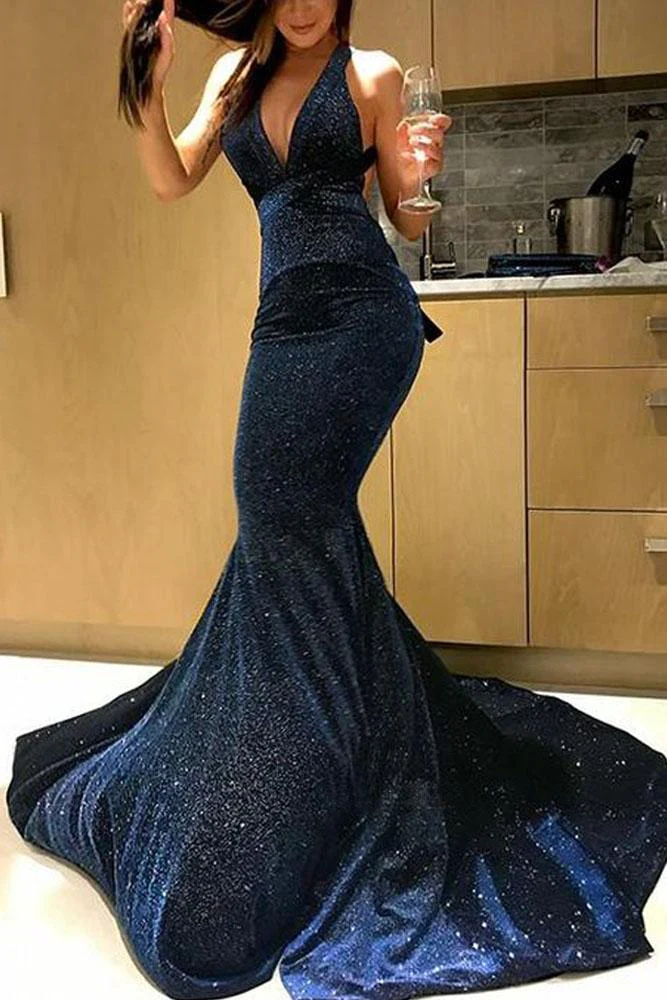 Sexy Mermaid Deep V Neck Velvet Dark Navy Long Prom Dresses, Sparkly Evening Dresses,DS14021