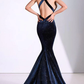 Sexy Mermaid Deep V Neck Velvet Dark Navy Long Prom Dresses, Sparkly Evening Dresses,DS14021