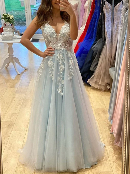 V Neck Lace Floral Blue Prom Dresses, Blue V Neck Lace Floral Long Formal Evening Dresses,BL18604