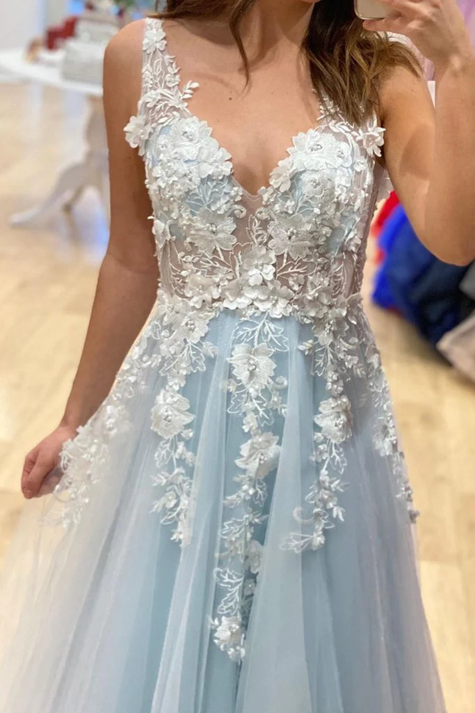 V Neck Lace Floral Blue Prom Dresses, Blue V Neck Lace Floral Long Formal Evening Dresses,BL18604