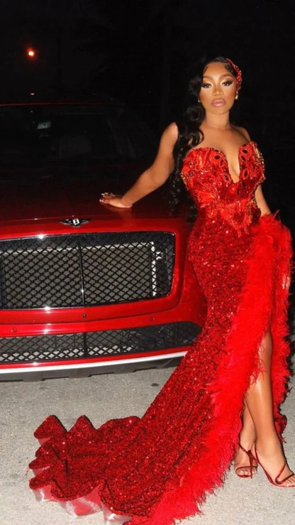Black Girl Sexy Sequins Red V Neck Long Prom Dress with Feather, BL186 DSProm Black Girl Sexy Sequins Red V Neck Long Prom Dress with Feather, BL186 DSProm