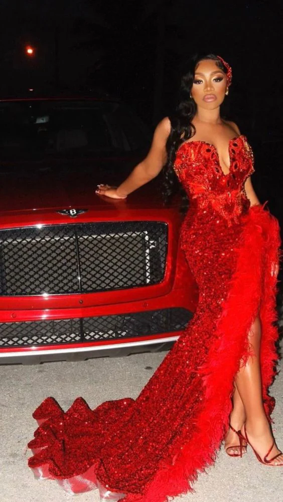 Black Girl Sexy Sequins Red V Neck Long Prom Dress with Feather, BL186 – DSProm