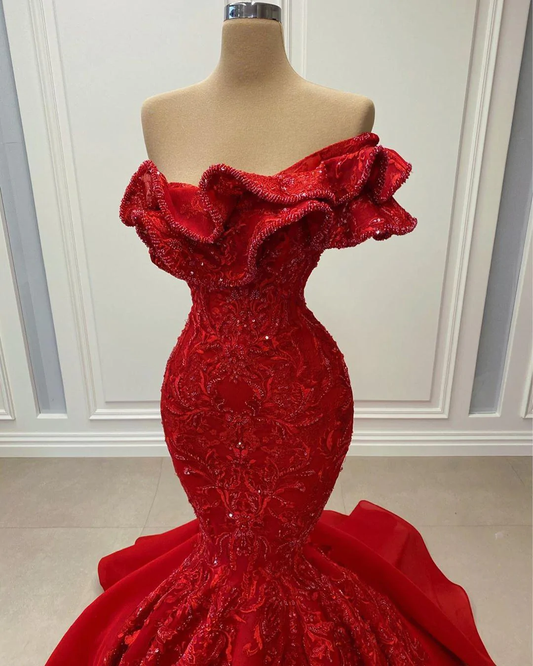 Luxurious Mermaid Sexy Evening Dresses Lace Beaded Prom Dresses Vintage Formal Party Second Reception Gowns,BL18611