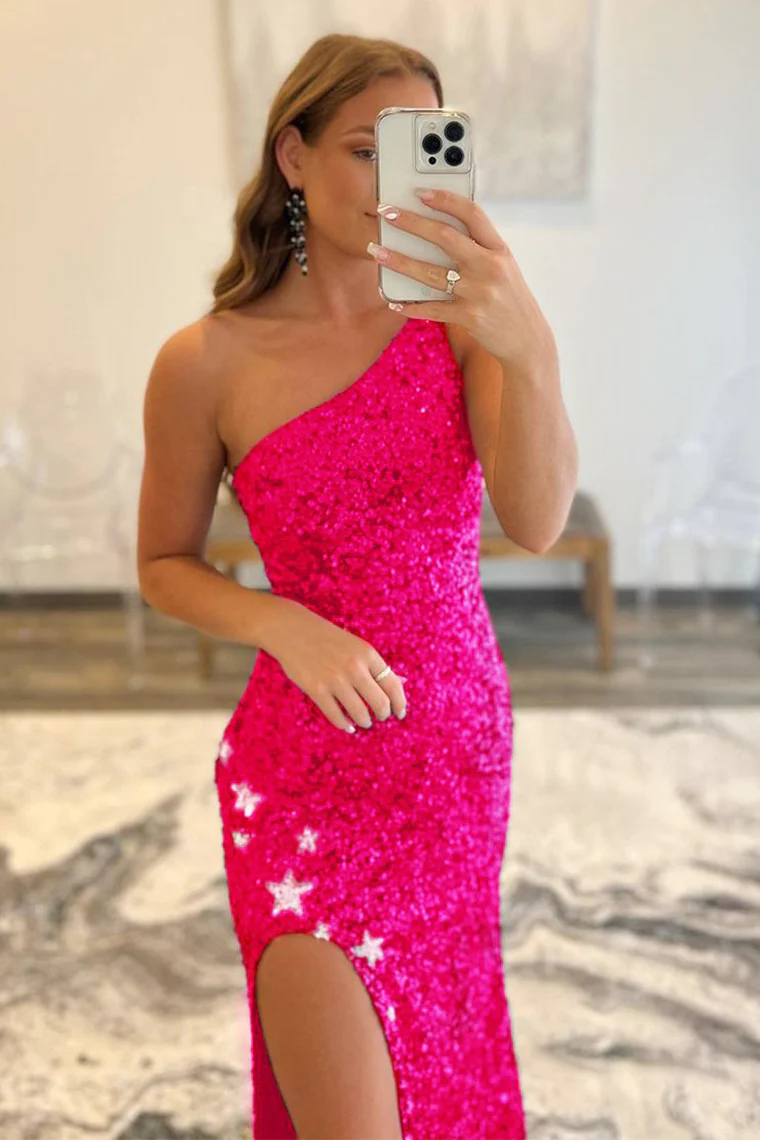 Mermaid Glitter Sequins One-Shoulder Backless Prom Dress With Stars,DS4492