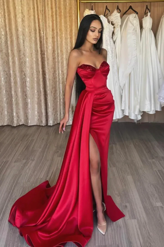 Red satin sequins long prom dress red evening dress,DS4494