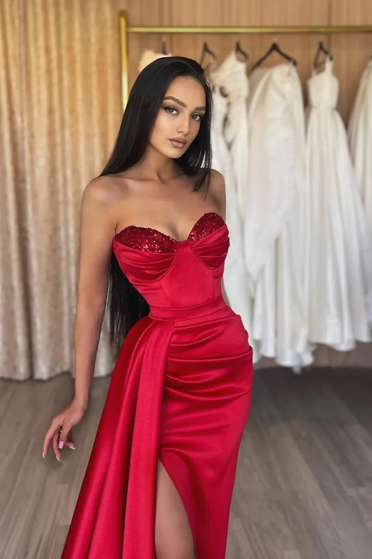 Red satin sequins long prom dress red evening dress,DS4494