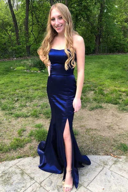 Strapless Mermaid Satin Long Prom Dress With Slit,Mermaid Graduation Dress,Evening Gown,DS4505