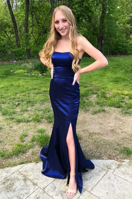 Strapless Mermaid Satin Long Prom Dress With Slit,Mermaid Graduation Dress,Evening Gown,DS4505