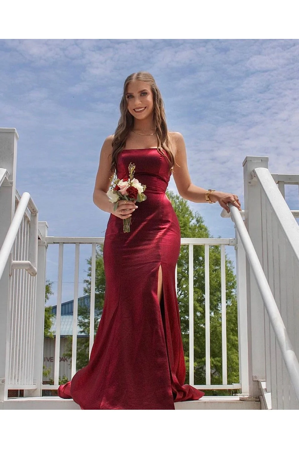 Strapless Mermaid Satin Long Prom Dress With Slit,Mermaid Graduation Dress,Evening Gown,DS4505