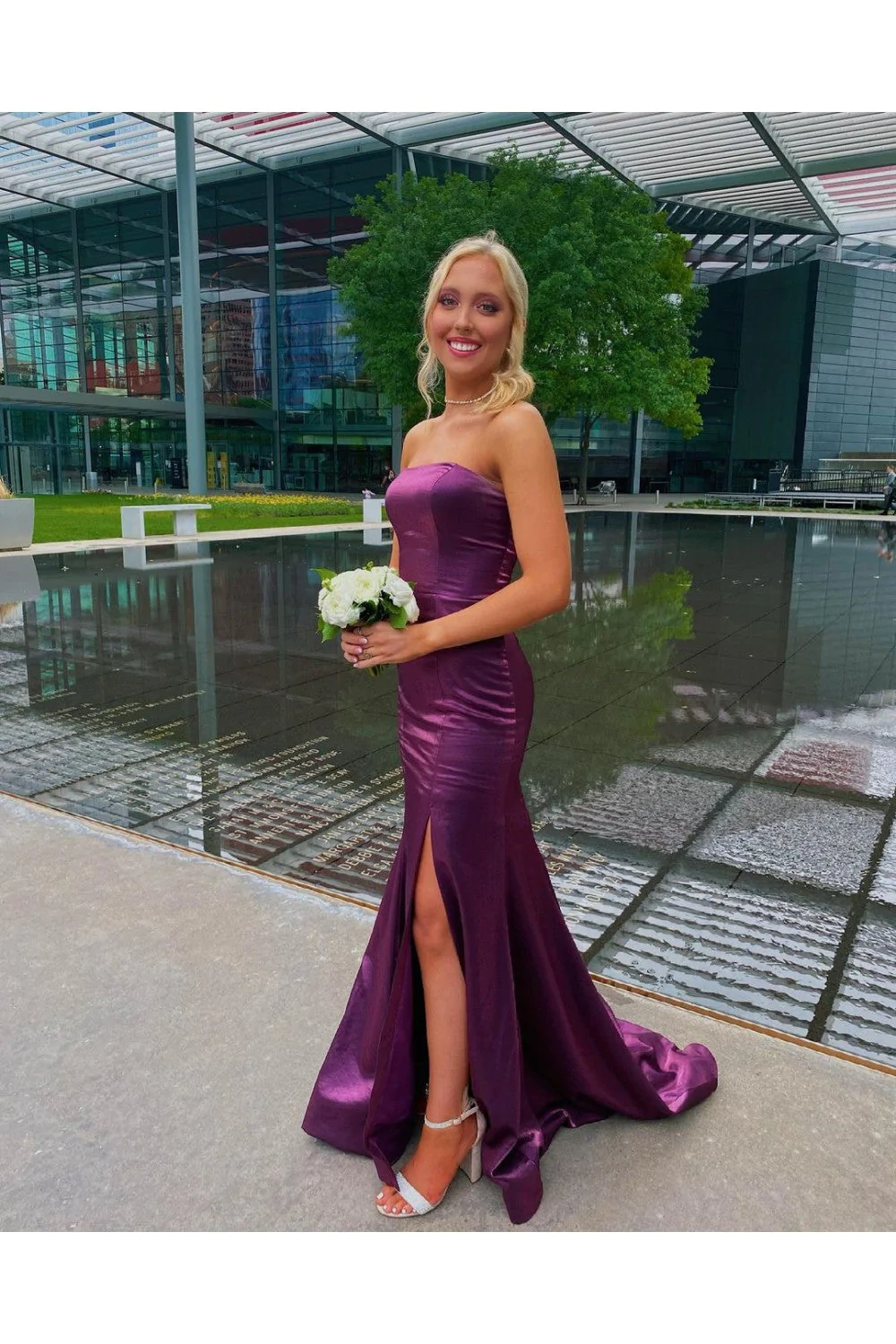 Strapless Mermaid Satin Long Prom Dress With Slit,Mermaid Graduation Dress,Evening Gown,DS4505