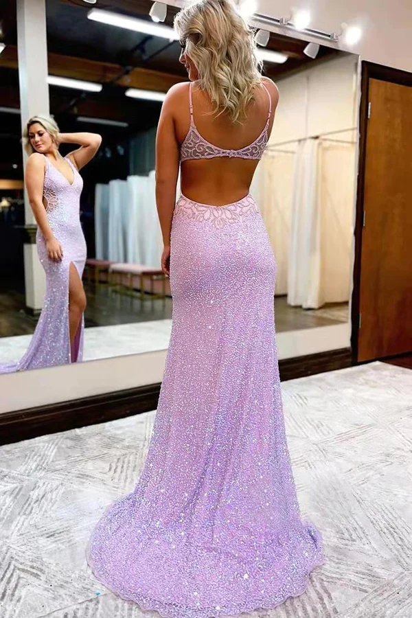 New Style V Neck Sleeveless Long Prom Dress, Sparkly Sequined Evening Dress With Slit,DS4510