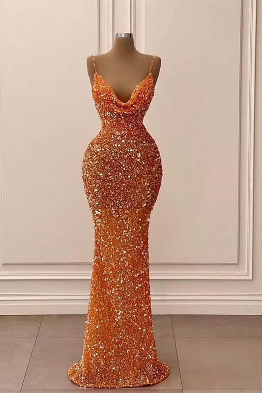 Orange V-Neck Mermaid Spaghetti-Straps Long Prom Dress With Sequins,DS4511