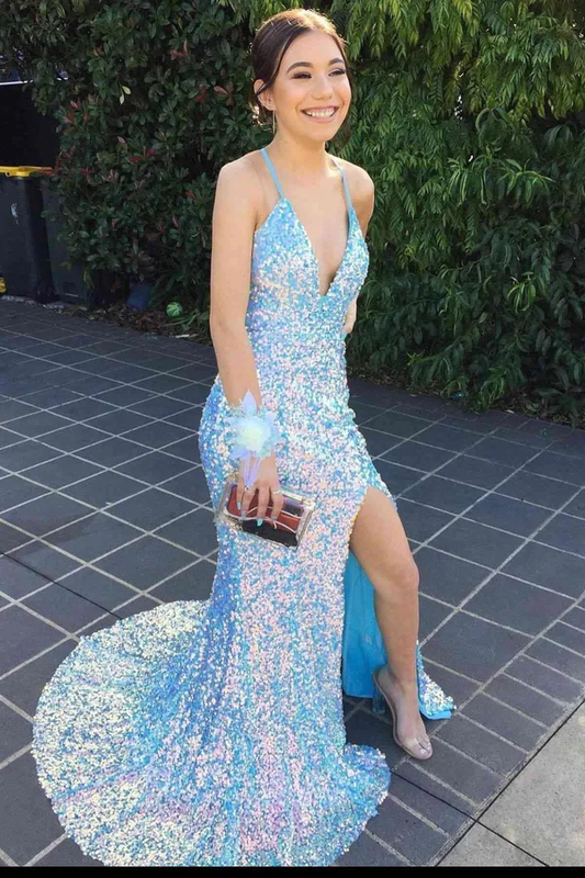 Sparkly Light Blue Sequin V-Neck Backless Mermaid Formal Dresses, Long Prom Dress With Sequins ,DS4516