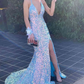 Sparkly Light Blue Sequin V-Neck Backless Mermaid Formal Dresses, Long Prom Dress With Sequins ,DS4516