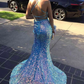Sparkly Light Blue Sequin V-Neck Backless Mermaid Formal Dresses, Long Prom Dress With Sequins ,DS4516