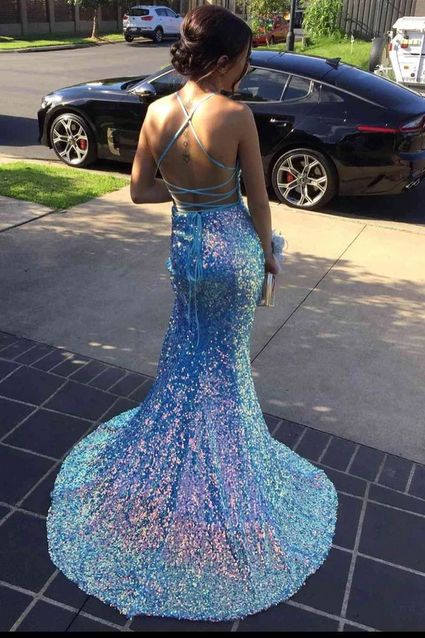 Sparkly Light Blue Sequin V-Neck Backless Mermaid Formal Dresses, Long Prom Dress With Sequins ,DS4516