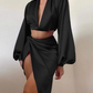 SOLID COLOR SATIN CROP TOP TWIST SKIRT SET,DS4552