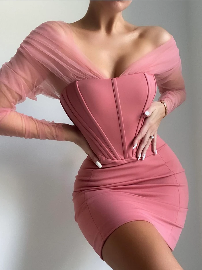 Pink Off Shoulder Mesh Sleeve Corset Dress,DS4591