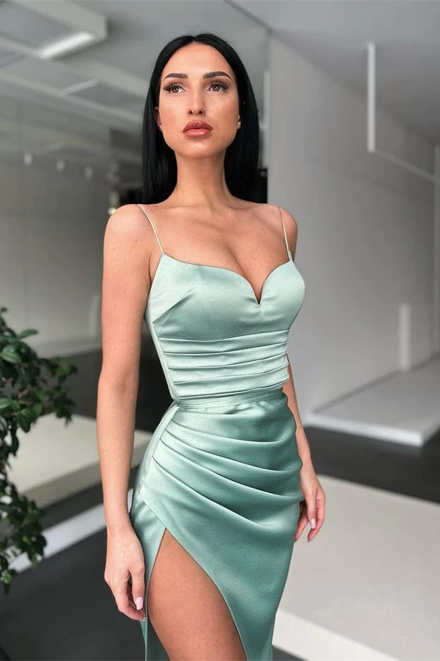 SEXY SKY BLUE SPAGHETTI-STRAPS MERMAID PROM DRESS WITH SLIT PARTY GOWNS,DS3525