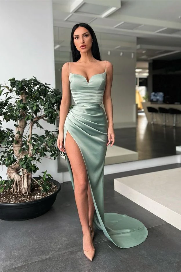 SEXY SKY BLUE SPAGHETTI-STRAPS MERMAID PROM DRESS WITH SLIT PARTY GOWNS,DS3525