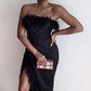Robe de bal bustier chic à plumes et fente sur le devant, DS4611