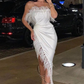 Robe de bal bustier chic à plumes et fente sur le devant, DS4611