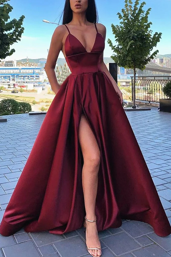 Simple A Line V Neck Red Long Prom Dresses, Formal Evening Dress With Pockets,DS4654