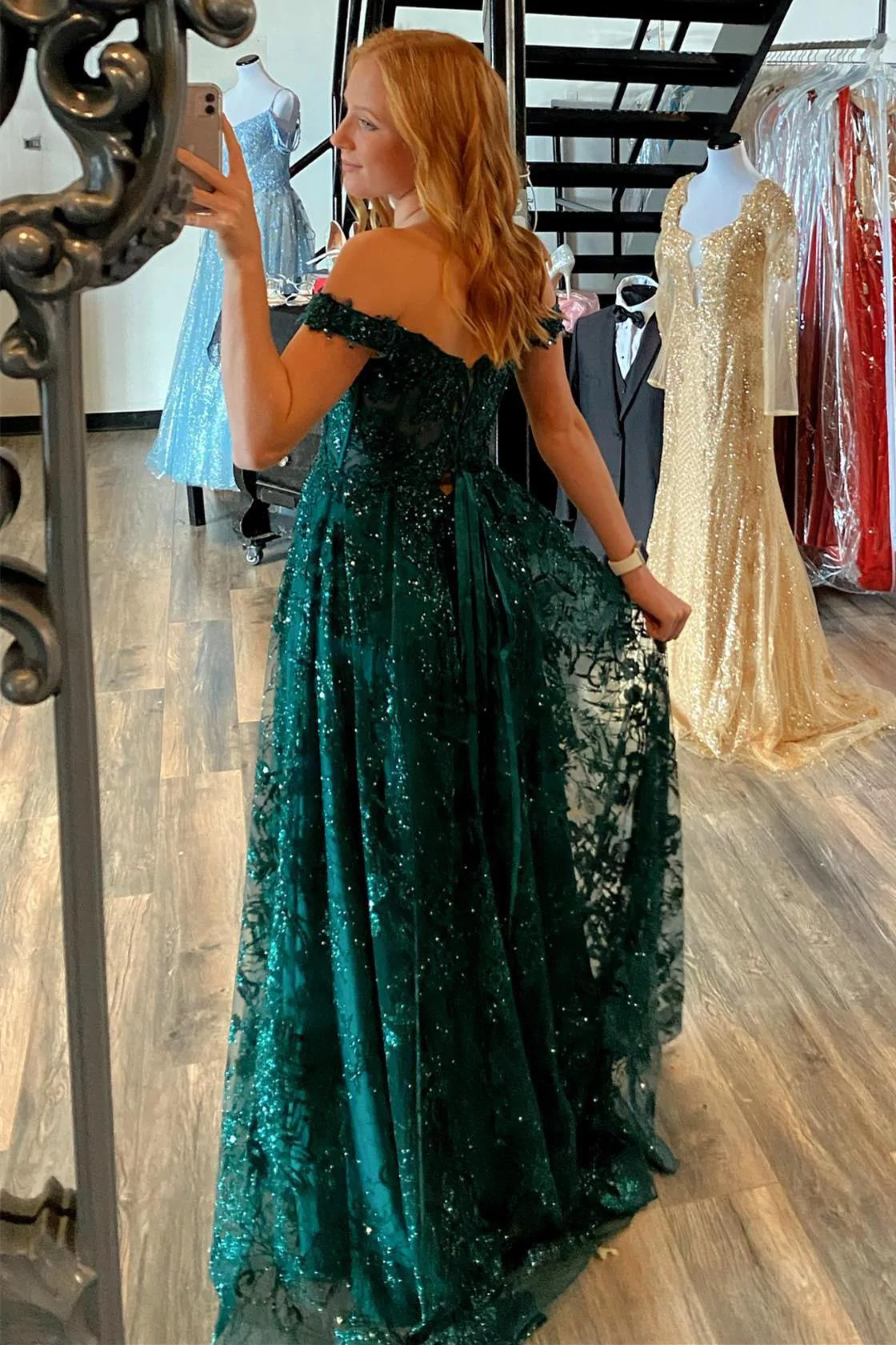 Off the Shoulder Green Long Formal Dress,DS4696