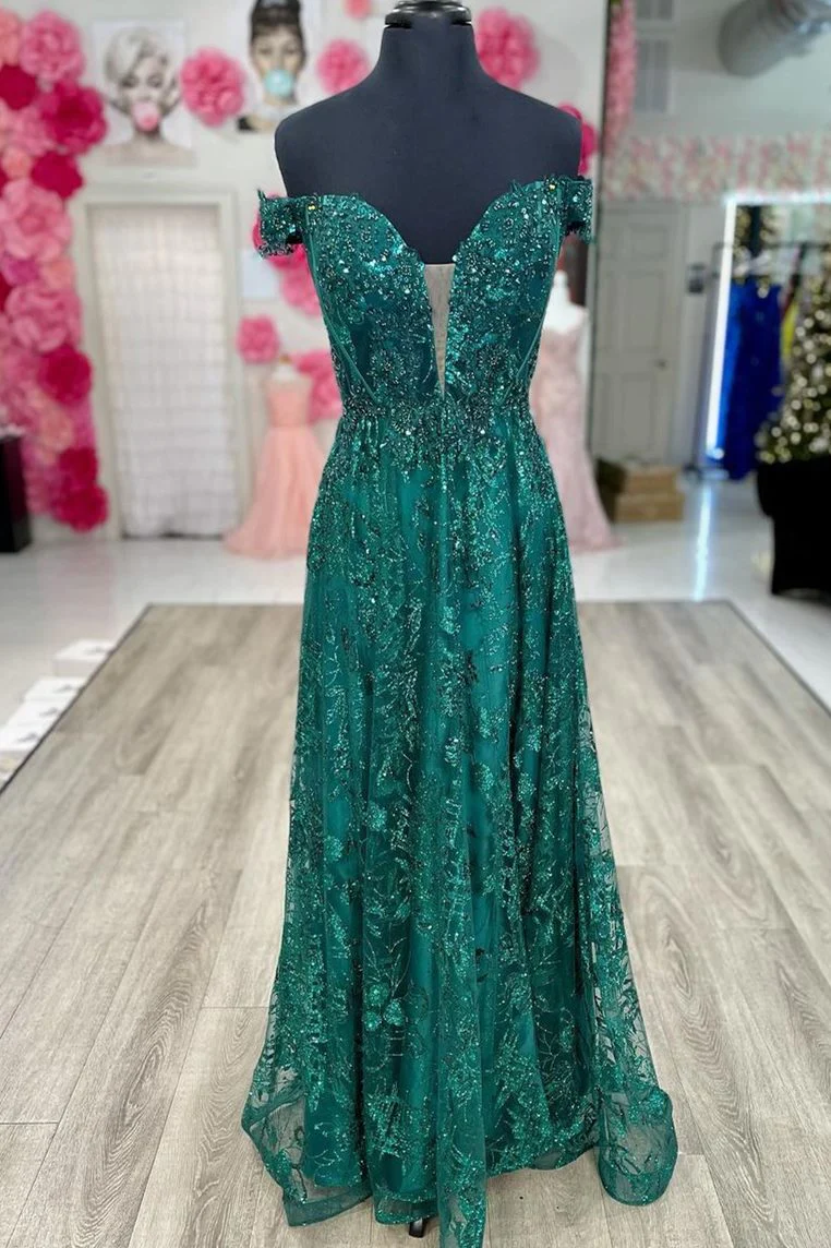 Off the Shoulder Green Long Formal Dress,DS4696