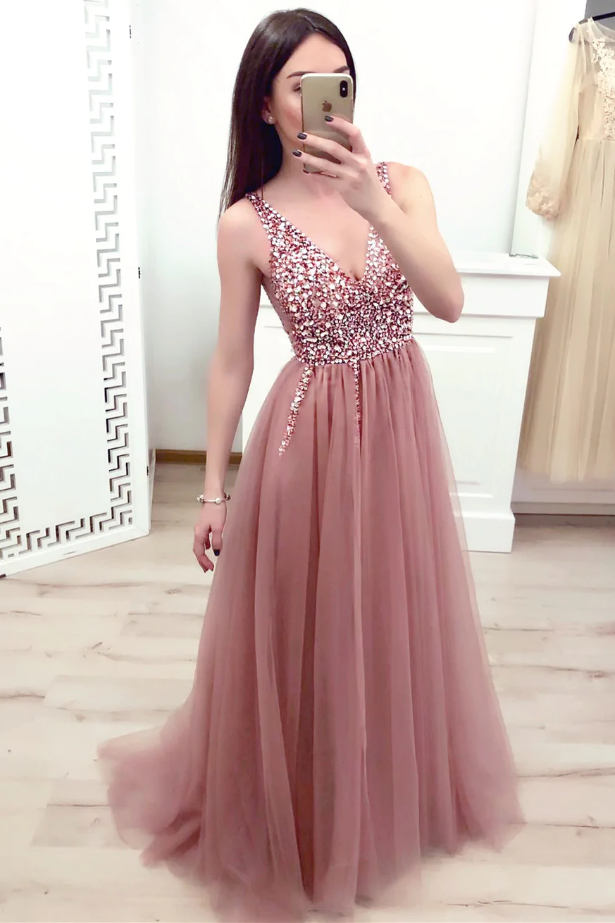 A Line V Neck Beaded Champagne Tulle Prom Dresses with Corset Back, Beaded Champagne Formal Evening Dress with Corset Back,DS1814