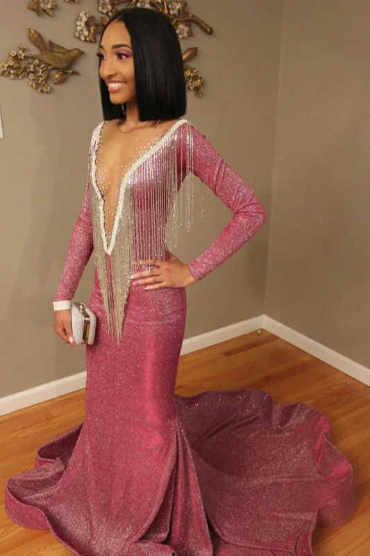 Pink Long SLeeves Deep V-Neck Mermaid Prom Dresses,DS4795