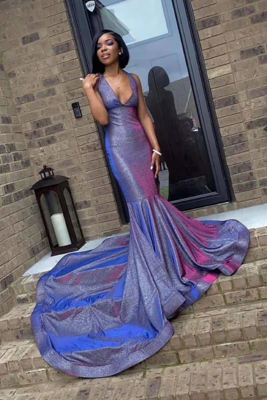 Shiny Halter Sleeveless Backless Prom Dresses with Train,DS4454