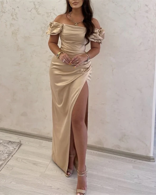 Champagne Mermaid Off The Shoulder Satin Dresses,DS4846