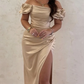 Champagne Mermaid Off The Shoulder Satin Dresses,DS4846