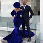 Royal Blue Velvet Mermaid Prom Dresses 3/4 Sleeve Sheer Neck Formal Evening Party Dress Dress ,DS4875
