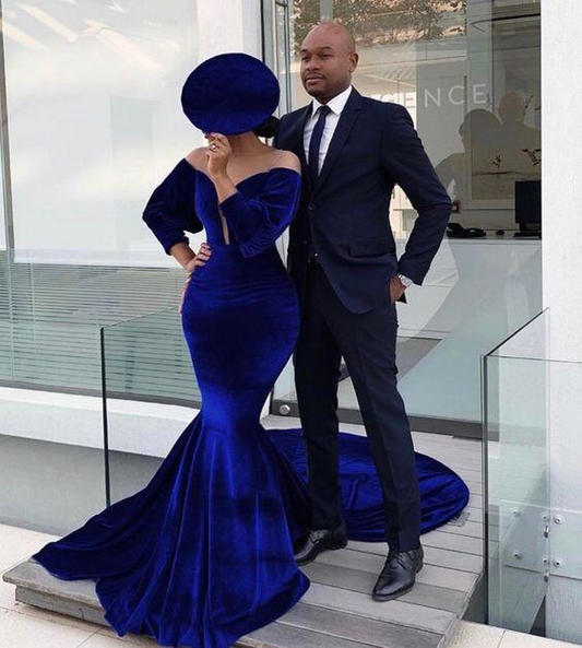 Royal Blue Velvet Mermaid Prom Dresses 3/4 Sleeve Sheer Neck Formal Evening Party Dress Dress ,DS4875