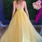 Yellow Lace One Shoulder Prom Dresses A Line Evening Gowns,DS4889