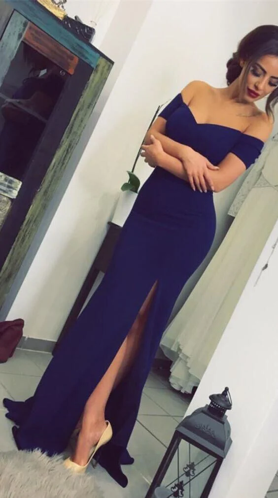 Custom Made Off Shoulder Mermaid Navy Blue Prom Dress with Slit, Navy Blue Formal Dress, Dark Blue Bridesmaid Dress.DS1865