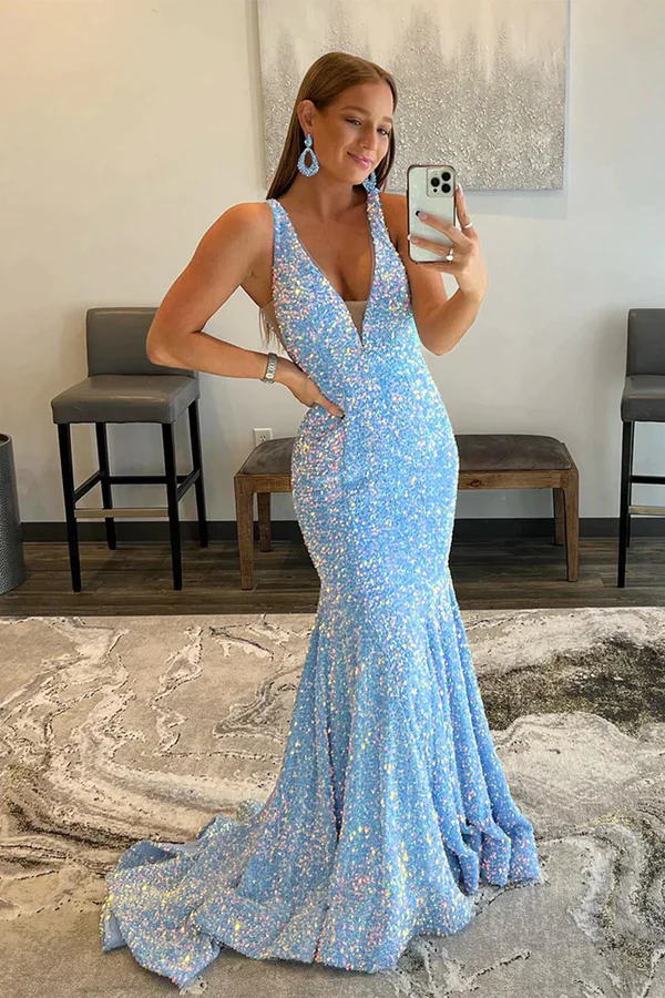 Blue Sequins Mermaid Prom Dress,DS4907