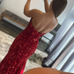 Burgundy Sequin Strapless Mermaid Long Prom Dress,DS4909