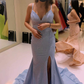 Spaghetti Straps Side Slit Light Blue Long Formal Dress,DS4921