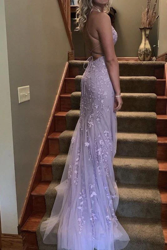 Trumpet Lace Backless Lilac Long Prom Graduation Dress,Mermaid Evening Gowns,DS4931