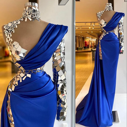 high neck crystal evening dresses long sleeve royal blue modest unique luxury sexy formal evening gown,DS5008