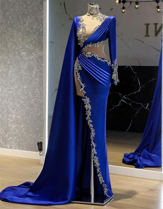 royal blue prom dresses, high neck prom dresses, Women Evening Dress Long Sleeve Blue Lace Appliques High Slit Arabic Style Prom Dress,DS5014