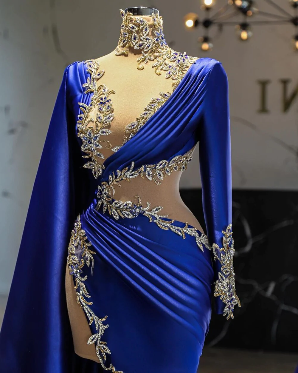 royal blue prom dresses, high neck prom dresses, Women Evening Dress Long Sleeve Blue Lace Appliques High Slit Arabic Style Prom Dress,DS5014