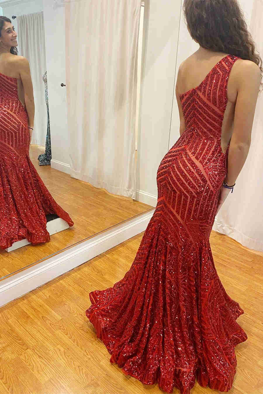 Mermaid One Shoulder Red Long Prom Dress,DS5020