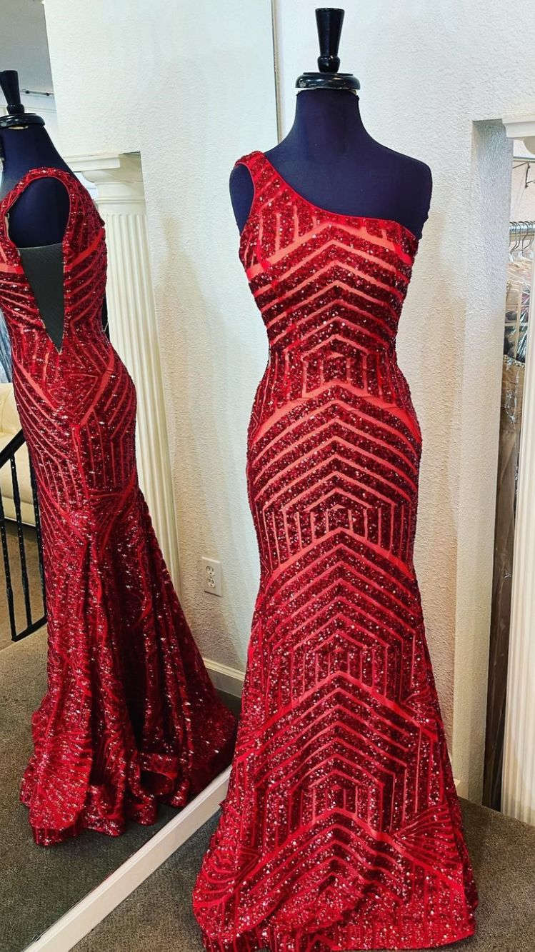 Mermaid One Shoulder Red Long Prom Dress,DS5020